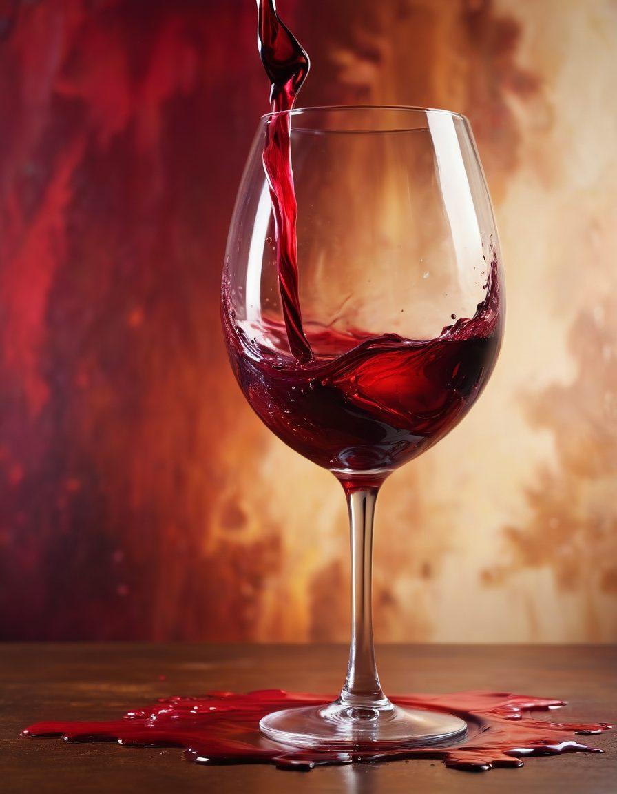 A beautifully crafted wine glass pouring deep crimson wine into an artistic canvas, blending the liquid with vivid splashes of paint, symbolizing creativity and fusion. Surround the scene with elegant wine bottles and art supplies, illuminated by warm ambient lighting. Incorporate a textured backdrop featuring abstract art elements. hyper-realistic. vibrant colors. soft focus.