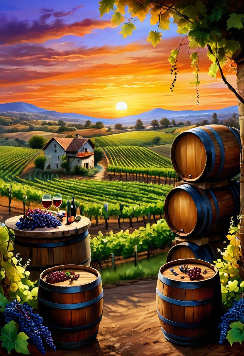 A serene landscape showcasing a picturesque vineyard at sunset, with wine barrels creatively transformed into artist easels displaying vibrant paintings inspired by the scenery. Include grapes hanging from a vine, delicate paintbrushes, and swirling paint palettes scattered on the ground. The atmosphere is warm and inviting, blending nature with artistic flair. super-realistic. vibrant colors. twilight background.