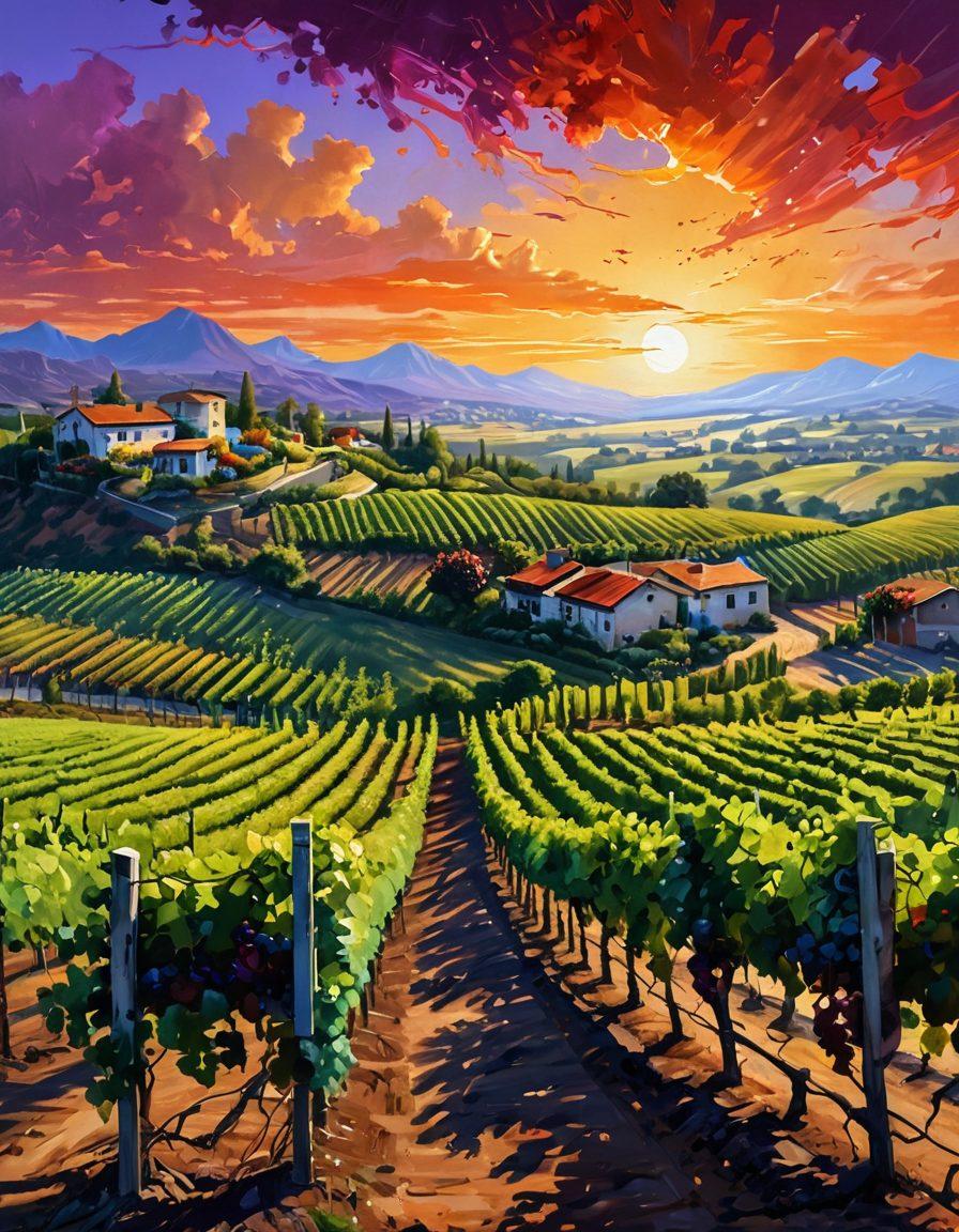 A stunning grape vineyard landscape merging seamlessly with an artist's canvas, showcasing flowing vines transforming into vibrant paint strokes. In the foreground, a painter is passionately creating a masterpiece inspired by the grapes and wine. The sky transitions from the warm hues of a sunset to vibrant colors of paint splatter. Evoke a sense of artistry and nature intertwined. super-realistic. vibrant colors. 3D.